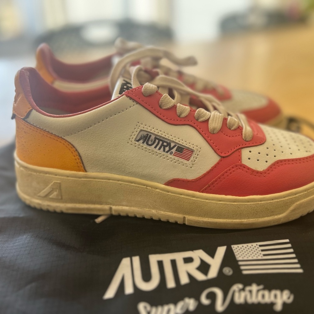 Autry Retro Low-Top Sneakers in White, Coral & Orange